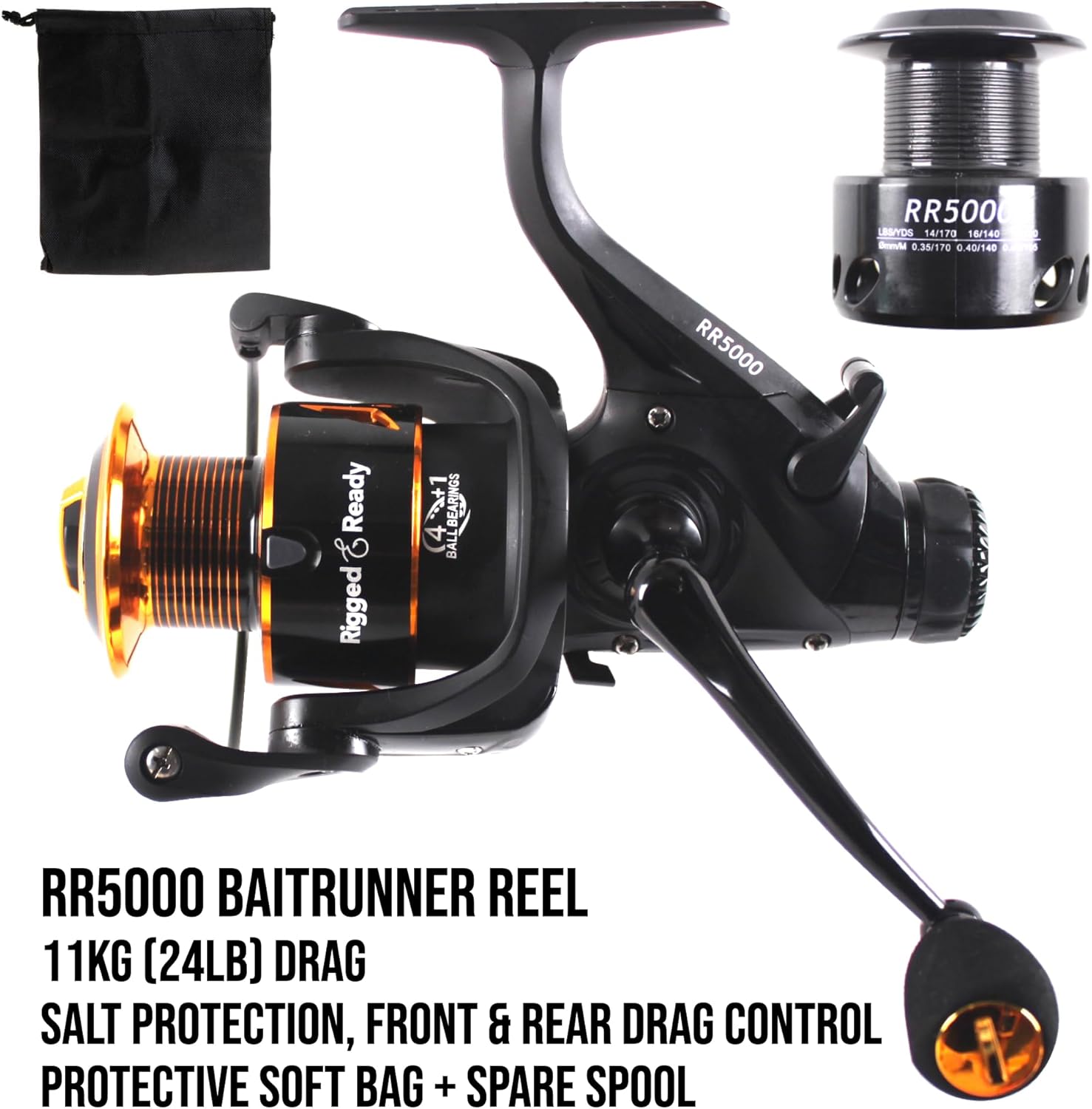 Rigged and Ready RR spin fixed-spool fishing reels 4 size options 1000, 3000, 5000, 6000. Freshwater saltwater smooth strong durable. Spare spool + bag. Spinning, Carp, Bass, Coarse, Sea & LRF angling