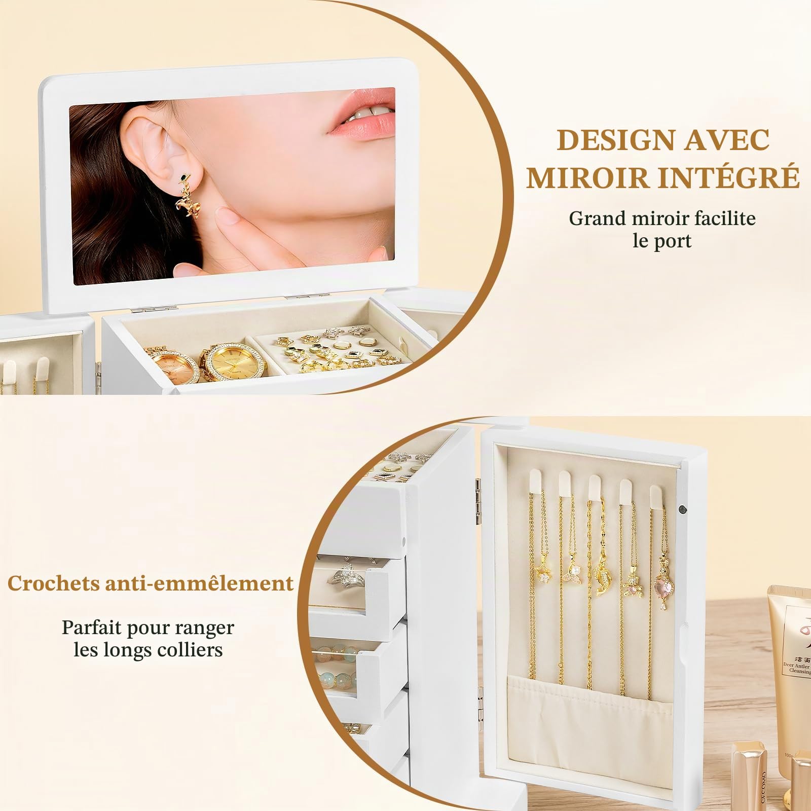Grande coffret et organiseur de bijoux pour femme, rangement à bijoux en bois avec 4 tiroirs transparents, convient pour ranger colliers, bagues, bracelets, boucles d'oreilles（Blanc）