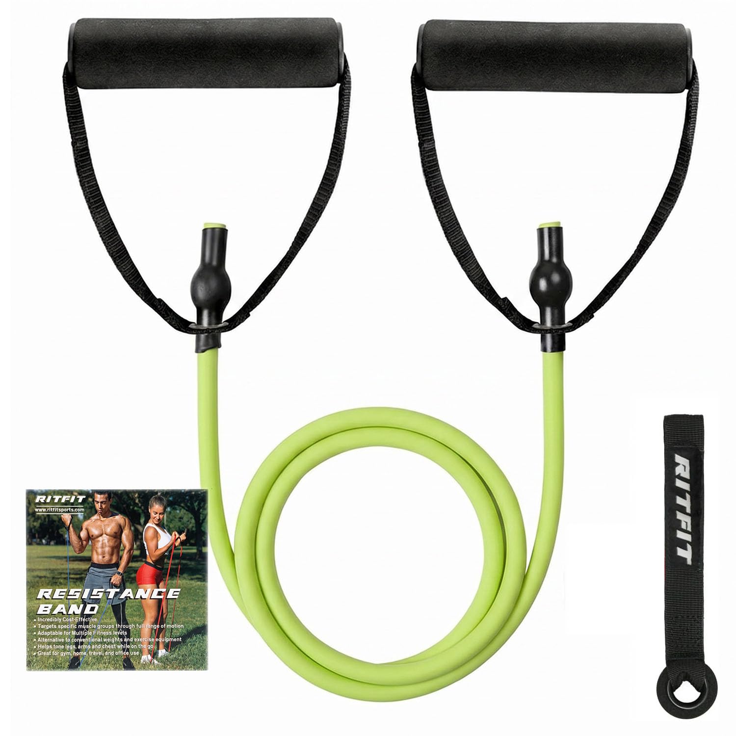 RitFit シングルレジスタンスエクササイズバンド 快適なハンドル付き - 理学療法、筋力トレーニング、筋肉の調子を整えるのに最適 - ドアアンカーとスターターガイド付き (グラスグリーン(8~12ポンド))