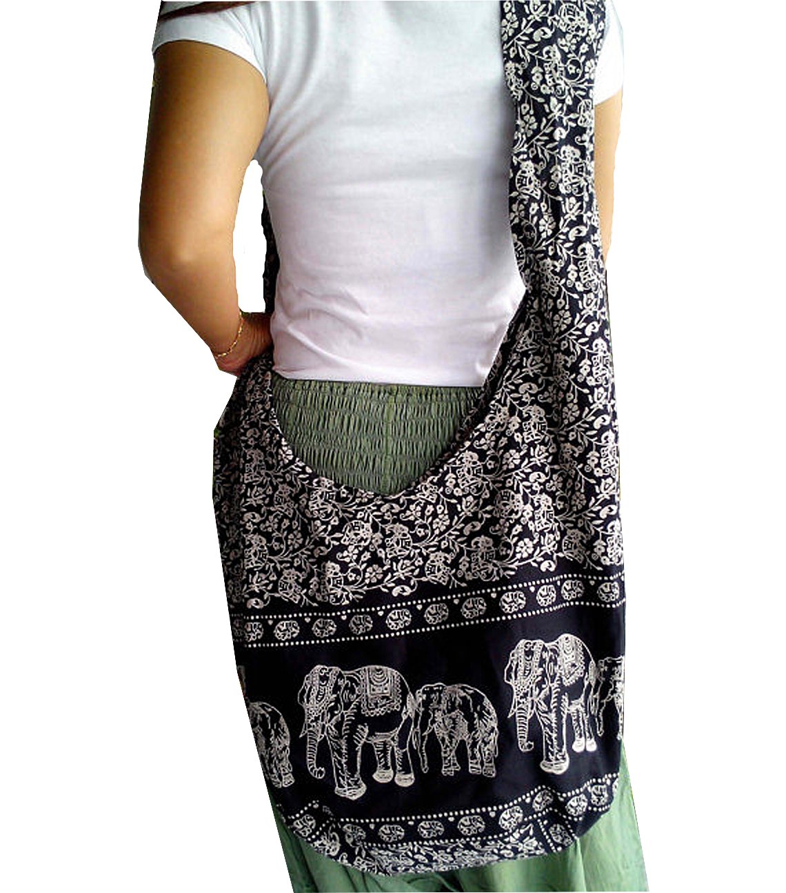 Shoulder bag, Messenger, Hippie, Gypsy Sling, Hippy, Hobo, Cross body, Monk, Alms, Beach Elephant Design - Black