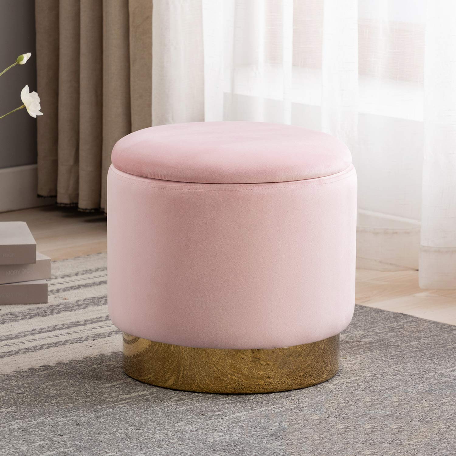 Artechworks Storage Ottoman with Gold Plating Metal Base, Velvet Upholstered Footrest Coffee Table Stool for Living Room, Bedroom, Home, Office, Pink