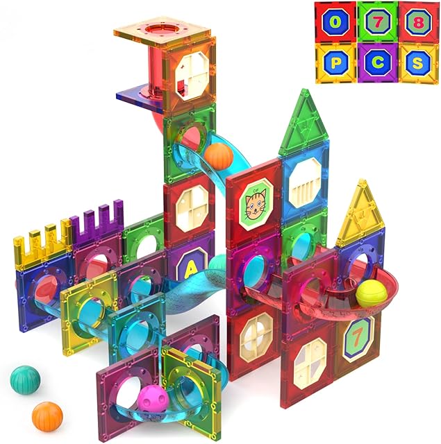 Magnetic Building Blocks BESFAN Magnetic Tiles Building Toy, Educational Toys for Kids Age 3+, Montessori Gift for 3 4 5 6 7 8+ Year Old Boys Girls, Magnetic Castle with Rolling Ball & Pipe(78 Pcs)