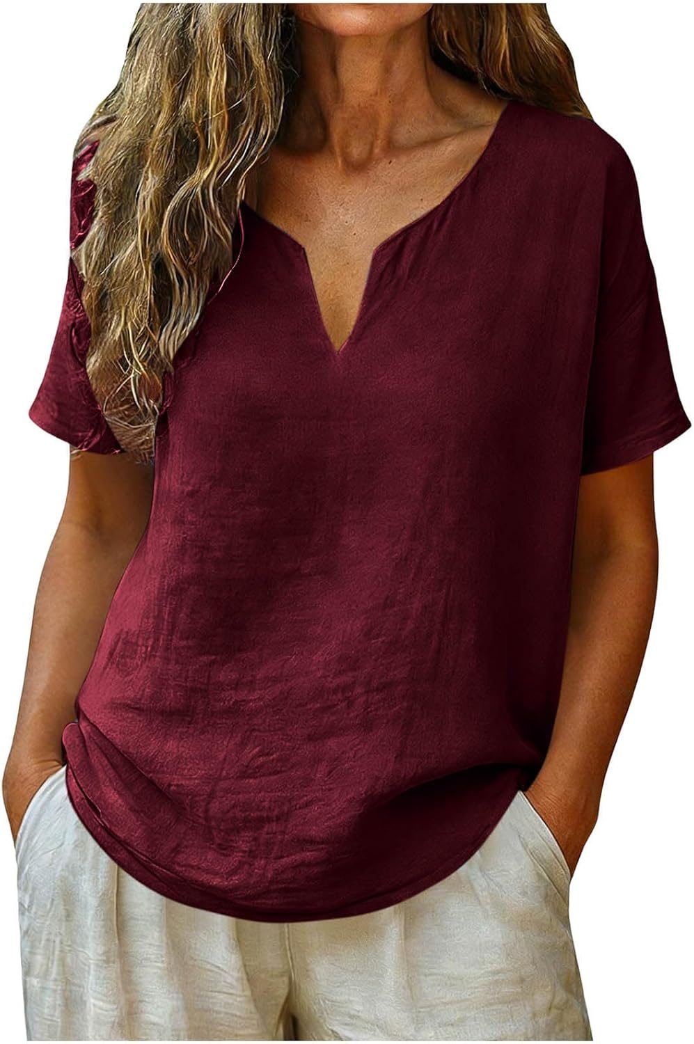 Womens T Shirts V Neck Summer Short Sleeve Linen Tops Tees Summer Tops for Women Trendy Casual Dressy Elegant Blouse