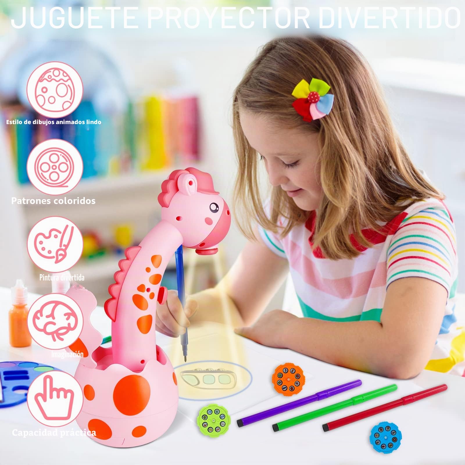 MOMSIV Proyector de dibujo para niños, proyector educativo portátil de rastreo y dibujo, juego de pintura con 72 patrones, 12 Marcadores y un Art Book para Toddler Boys & Girls Gifts, Rosa