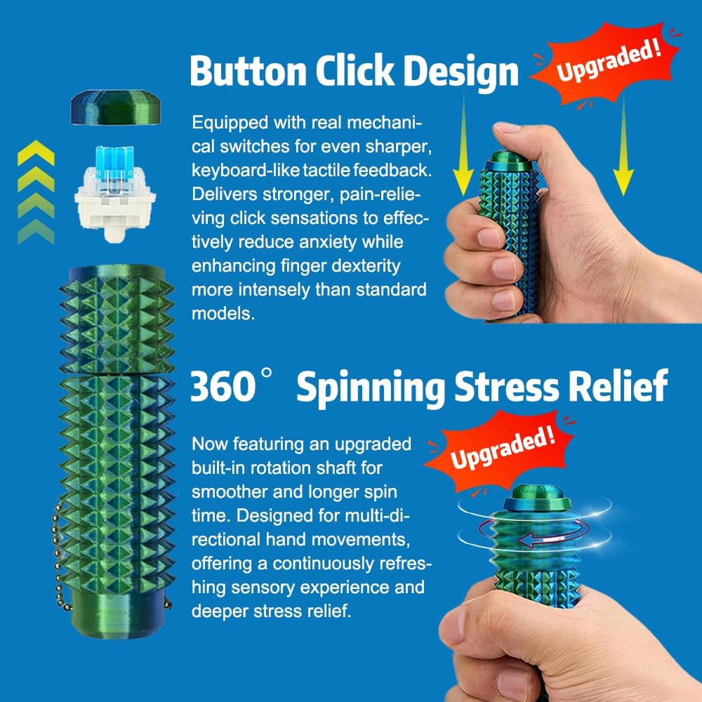 2PCS Spiky Sensory Fidget Toy Keychain 3-in-1 | Portable Tactile Desk Fidget Toy for Adults | Stress Relief Focus Toy (Rainbow+Blue-Green Gradient)