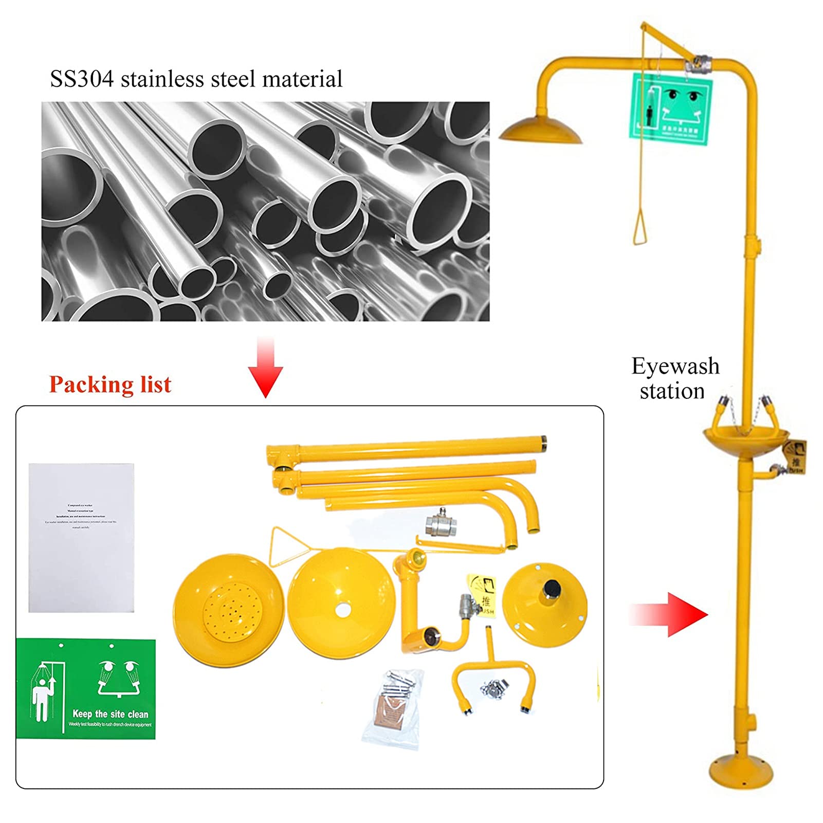 Estación lavaojos, Ducha de Seguridad de Emergencia con Cabezal con Revestimiento ABS, Kit de Ducha Exterior de Acero Inoxidable para Patio Trasero.,