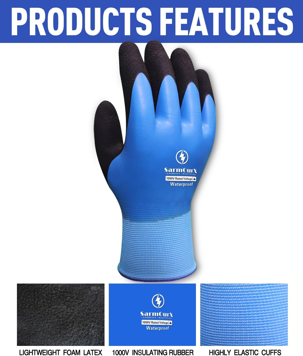 Electrician Insulated Gloves 1000V High Voltage, Waterproof for Palm Rubber Non-Slip Electrical Gloves