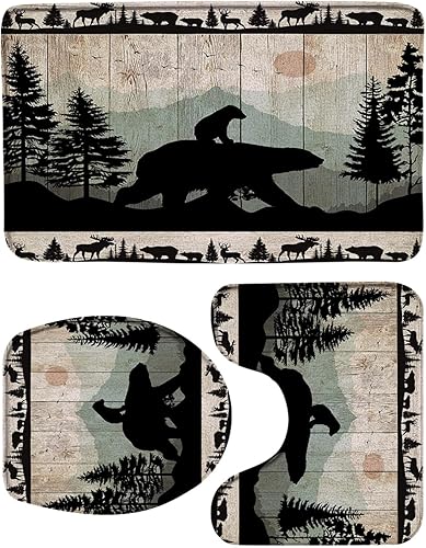 Juego de 3 alfombras de baño rústicas de oso con alce, cabaña, ciervo, tablones vintage, bosque, vida silvestre, granja, tapa de inodoro, cubierta