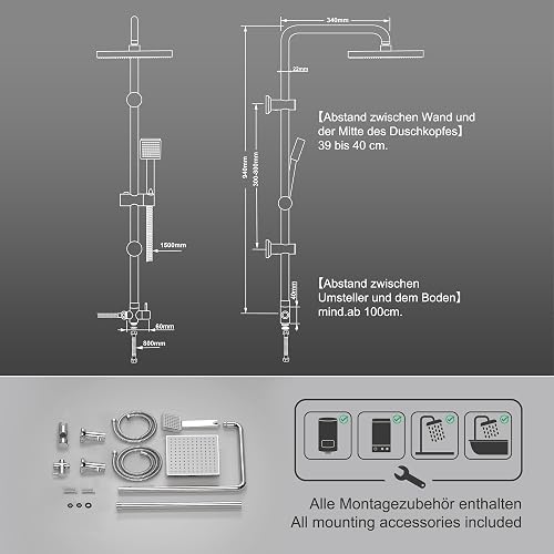 JOHO Shower Slider Rail with Adjustable Shower Holder Bracket Wall Mounted Shower Column 92cm in 304 Stainless Steel Bathroom Shower Set with Shower Head and Shower Hose 150CM(ABS 20x20) - 6