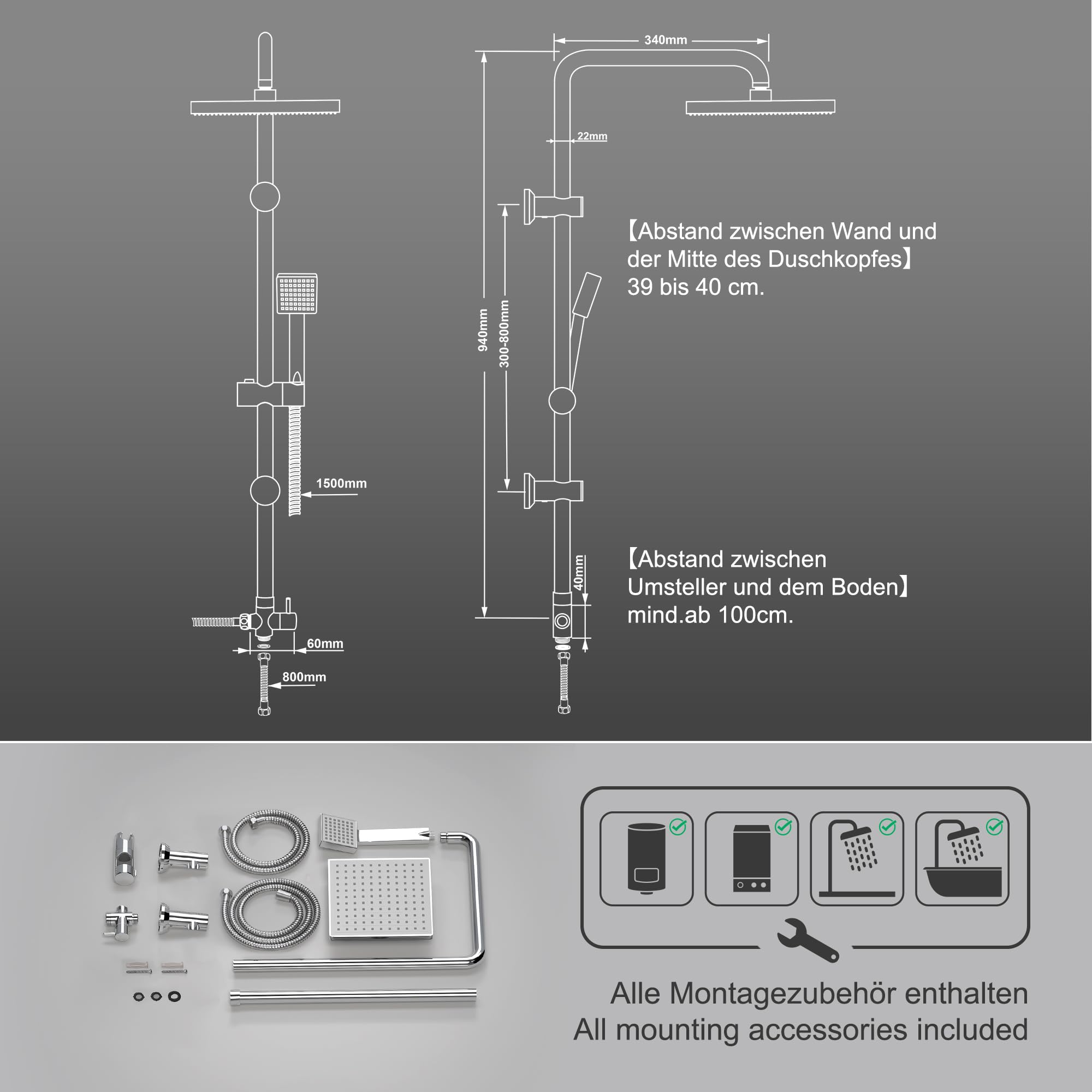 JOHO Colonne de Douche Acier inoxydable avec Douchette Salle de Bain Réglable en Hauteur, Ensemble Douche Pluie Murale sans Robinet, Pommeau Douche ABS 20x20 cm Chromé