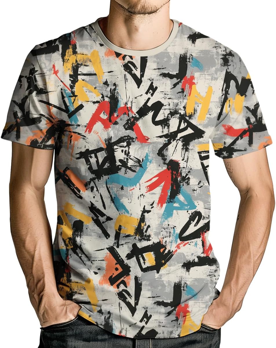 Mens Casual Graffiti Print T-Shirt Short Sleeve Hip Hop T-Shirts - Image 2