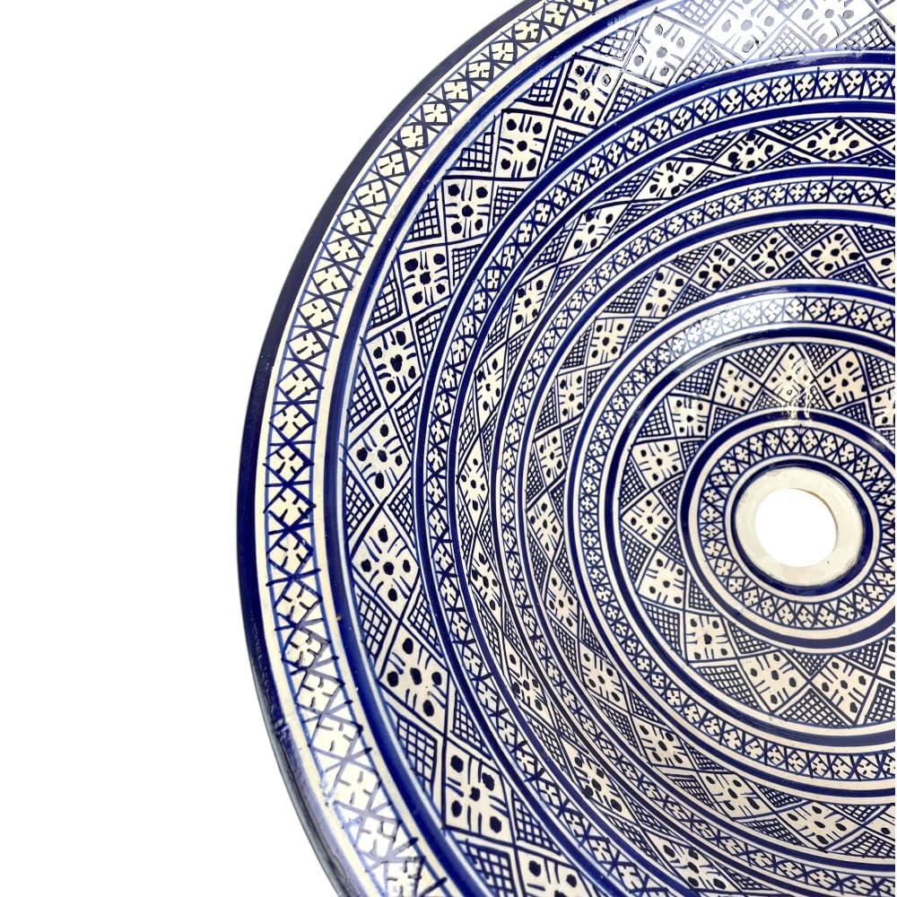 Lavabo Marocchino in Ceramica, Dipinto a Mano, Blu e Bianco, 50 cm, Stile Fes