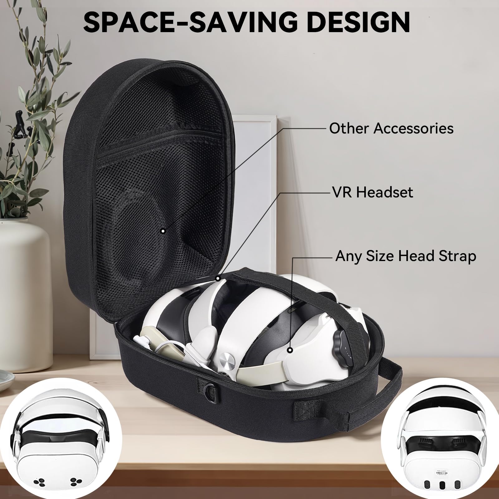 Étui de transport rigide de grande taille pour Oculus/Meta Quest 3 - Compatible avec casque VR officiel avec sangle Elite et accessoires Quest 3 VR - Étanche et sans peluches - Noir