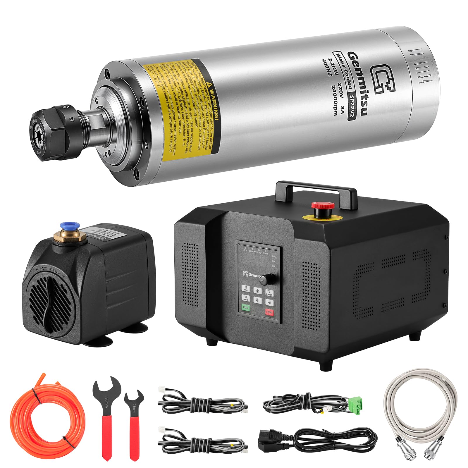 Genmitsu Kit Motore Mandrino CNC 2.2KW a Liquido – 24000 RPM, Mandrino ER20 con Inverter VFD Pre-cablato e Pompa Idraulica, Motore ad Alta Precisione per Fresatrici e Pantografi CNC