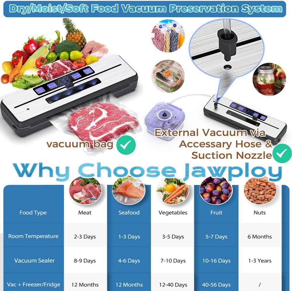 Vacuum Sealer Machine, Powerful Pro Food Sealer Compact Design Food Preservation System High-Speed with Dry/Moist/Moist+/Soft Mode, Starter Kit 15 Bags & Accessory Hose & Bulit-in Cutter - Image 4