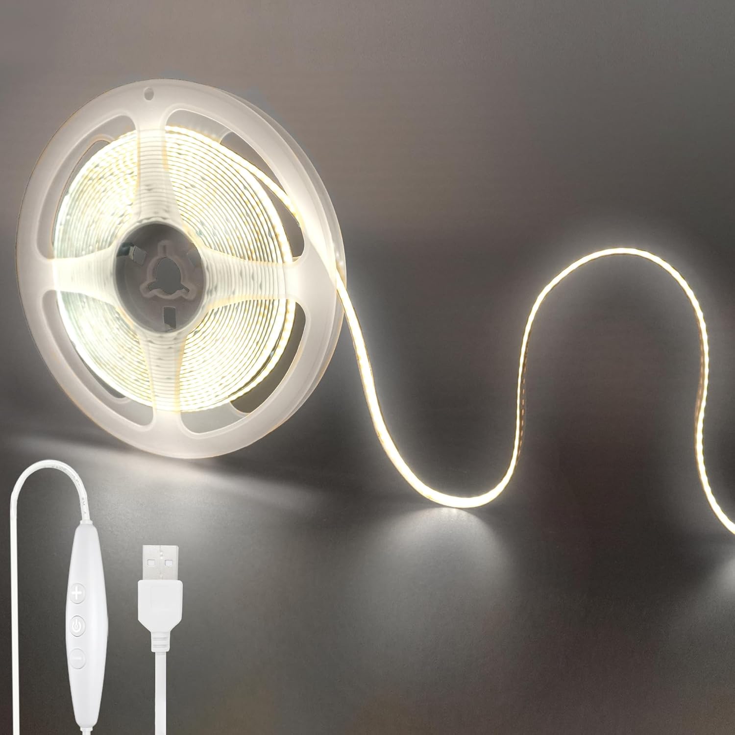 2PACK 5V USB COB LED Strip Lights with Dimmable Switch,9.84FT/3M,Cool White 6500K,320LEDs/M,8mm Width,Not Waterproof IP20,1.5M USB Switch Cable,for DIY Home Indoor Decoration