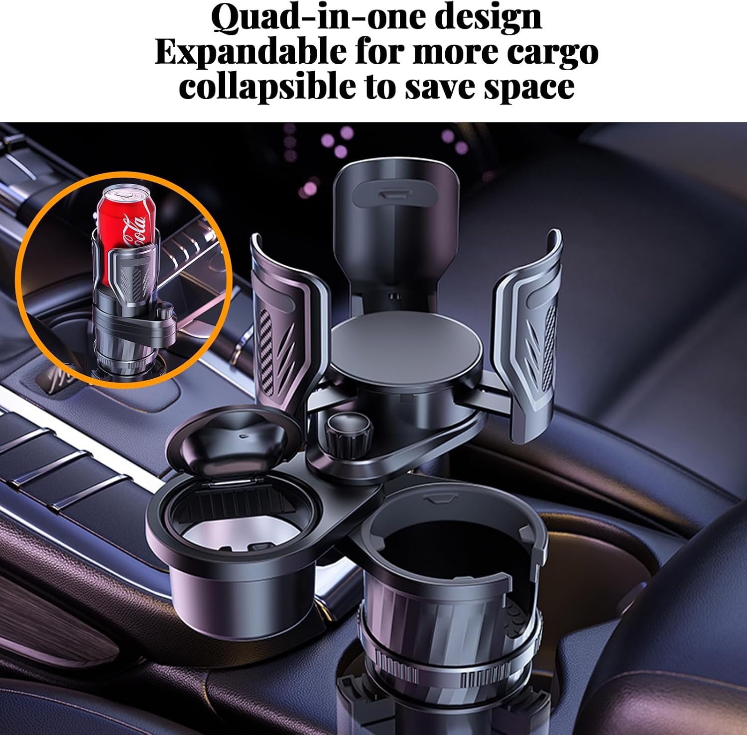 4-in-1 Car Cup Holder with Ash Tray - Adjustable Width, Rotating Base & Lock, Fits 6-10cm Car Slots, Holds Drinks, Fast Food, Bubble Tea (ABS & Zinc Steel),Extra,Expander,2 Cup Carrier car