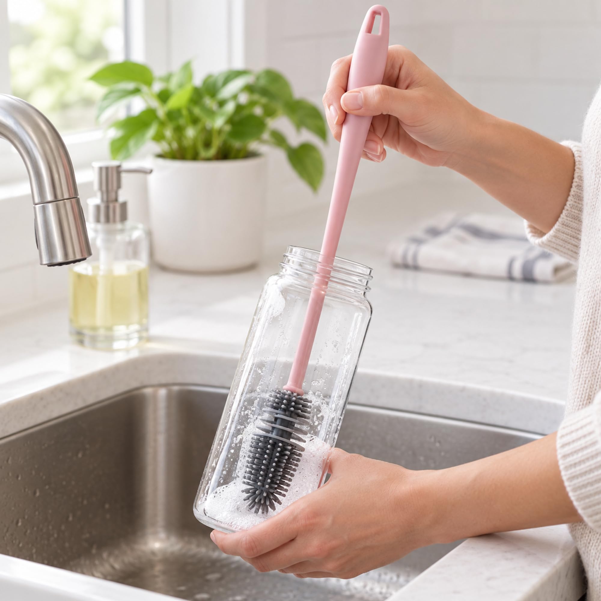 Silicone Bottle Brush with Plastic Handle for Cups and Drinkware, Long Handled Kitchen Cleaning Tool for Daily Washing