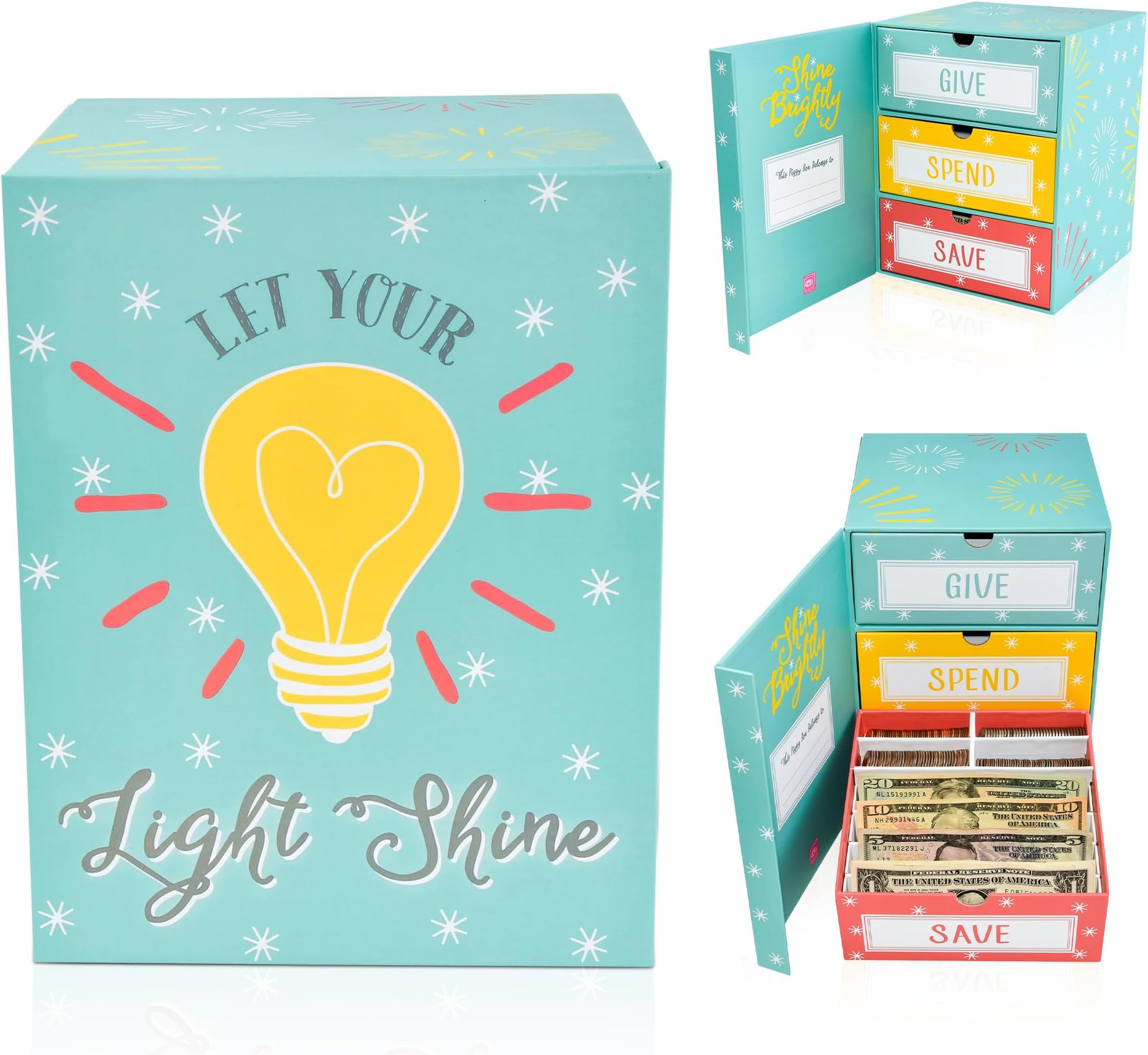 Save Spend Give Piggy Bank | Teach Children About Saving Money & Giving | Three Drawers for Bills and Coins | Great for Birthday Room Decor