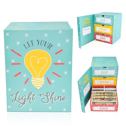 The Piggy Box Save Spend Give Piggy Bank | Teach Children About Saving Money & Giving | Three Drawers for Bills and Coins | Great for Birthday/Holiday Gifts & Room Decor