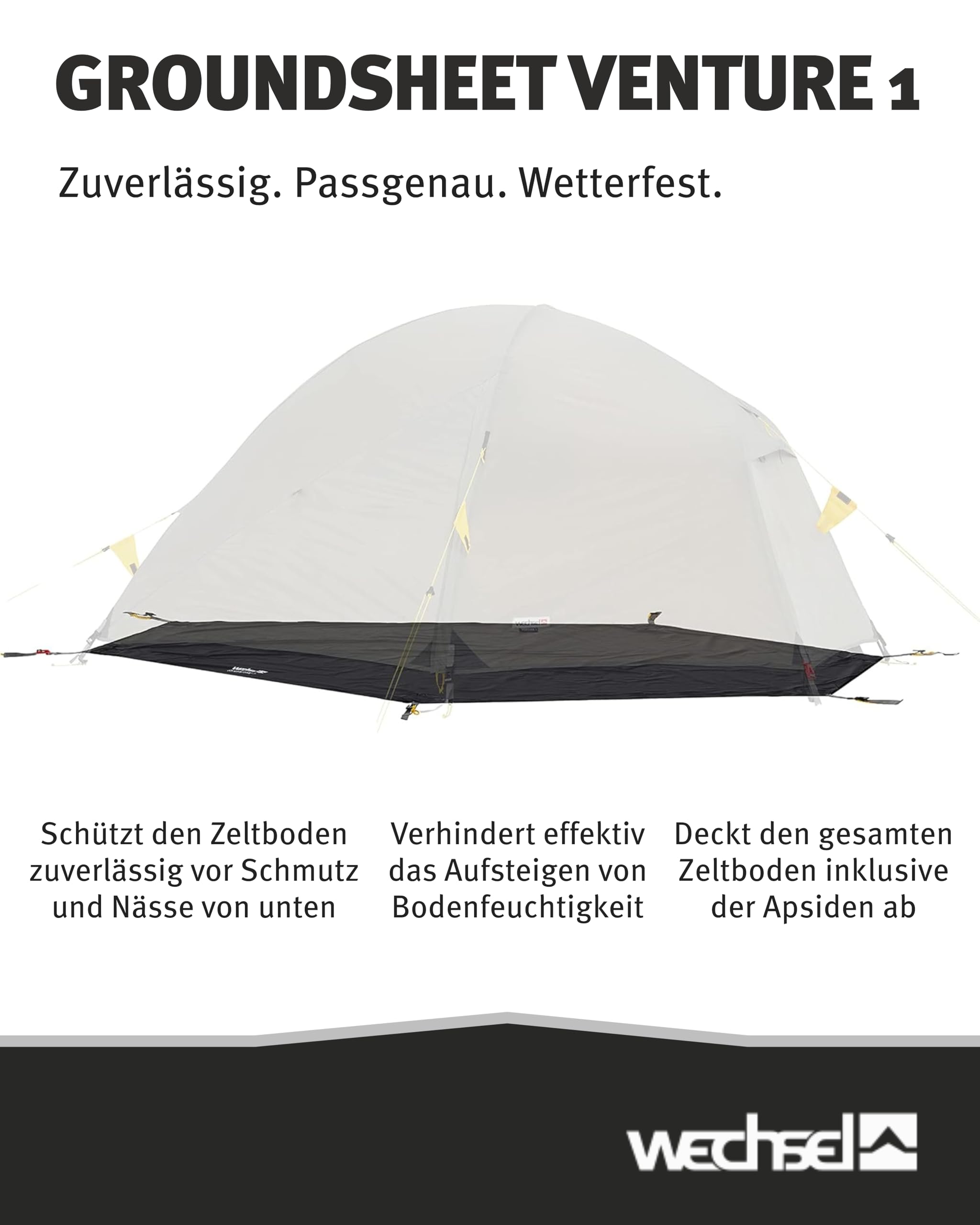 Wechsel Groundsheet Venture 1 I Schwarz I robuste Zelt-Unterlage Boden I Zeltplane wasserdicht mit 7000mm Wassersäule I Bodenplane aus 75D Polyester I Camping-Plane zum Schutz vor Nässe & Schmutz