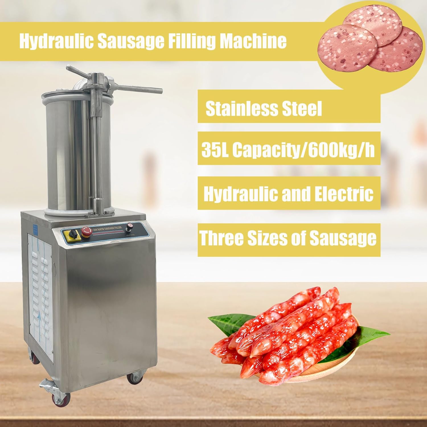 Commercial Electric Sausage Stuffer Machine 35L(9.25Gal) 600kg/h Stainless Steel Vertical Hydraulic Sausage Maker Automatic Meat Filling Stuffer Machine with 3 Stuffing Tubes