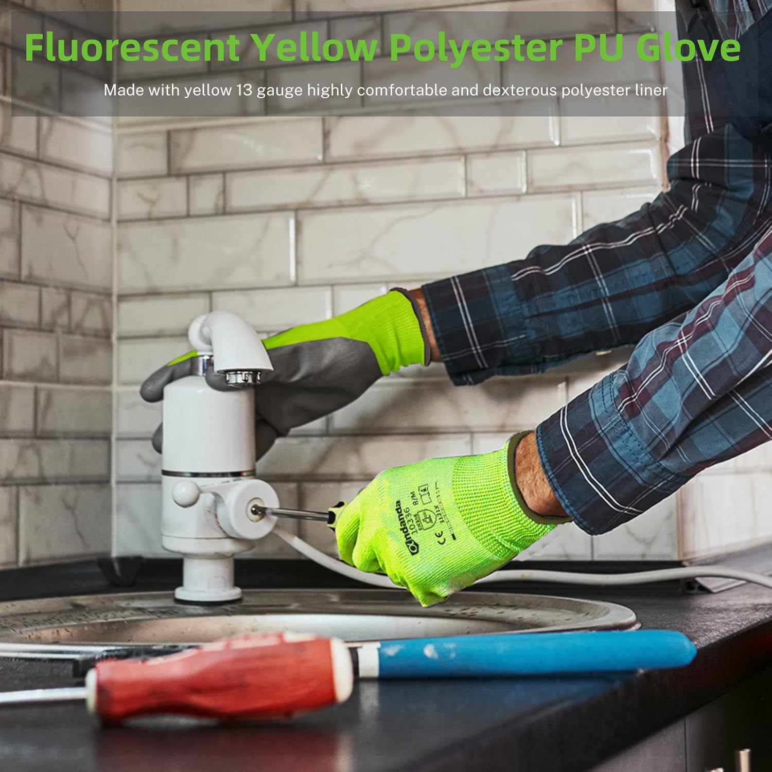 ANDANDA Safety Work Gloves, Seamless Knit Gardening Work Gloves with PU Coated for Men & Women, Warehouse, Fluorescent Yellow - Image 4