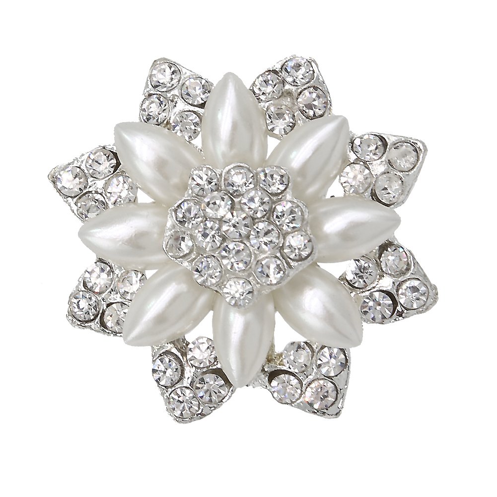 Crystal Gladiolus Flower Brooches, Rhinestone Ivory Simulated Pearl Silver-Tone Pins