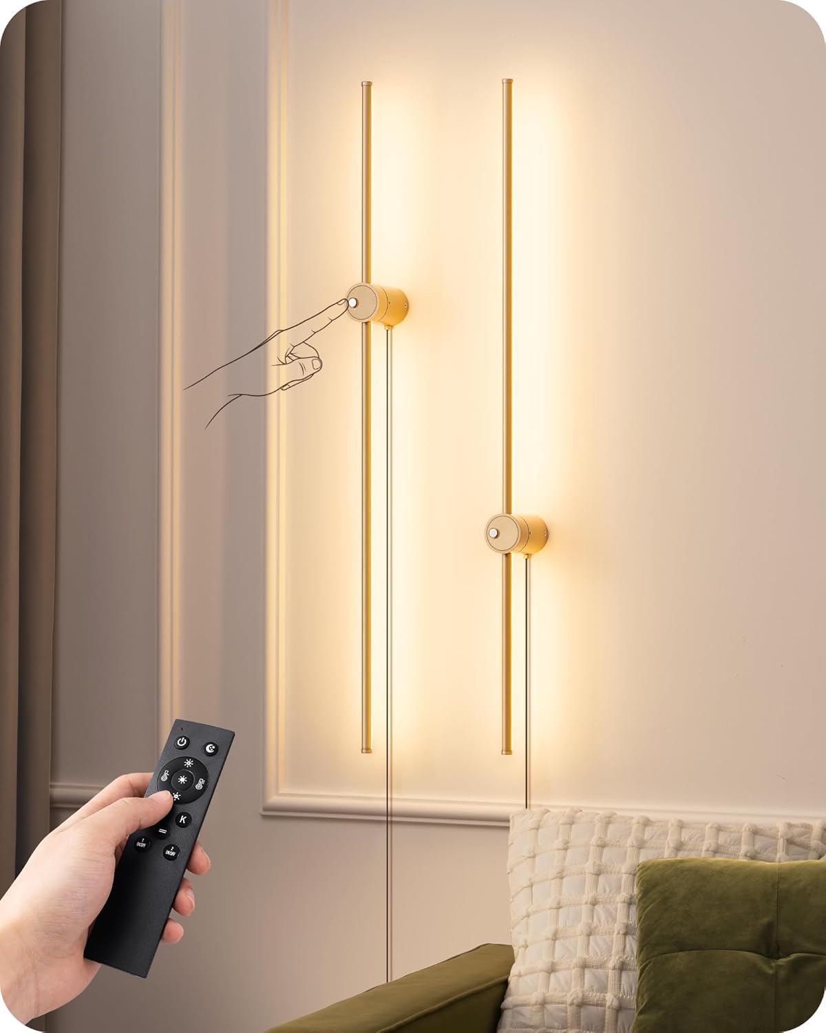 EDISHINE Plug in Wall Sconces, Stepless 2700K-6000K Dimmable Wall Sconce Set of Two, 39.4" Touch LED Wall Light with Remote, 350° Rotation Night Light with Timer for Living Room Bedroom Hallway Gold