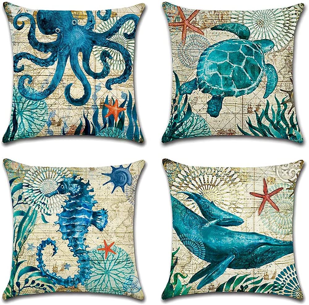 ELECDON Blue Marine Life Pattern Waterproof Cushion Covers for Outdoor Patio Garden Living Room Sofa Farmhouse Decor (18x18in)-4 Pieces