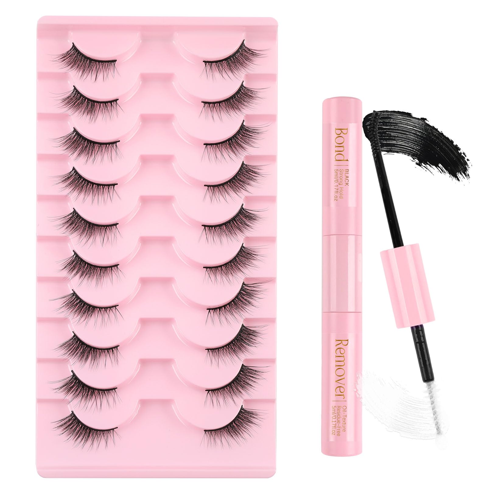 Kiusatig HalfLashes Wispy Cat Eye Fluffy 3/4 Fake Eyelashes 10 works Corner Lashes, Pink, 1 pair (Pack of 10)