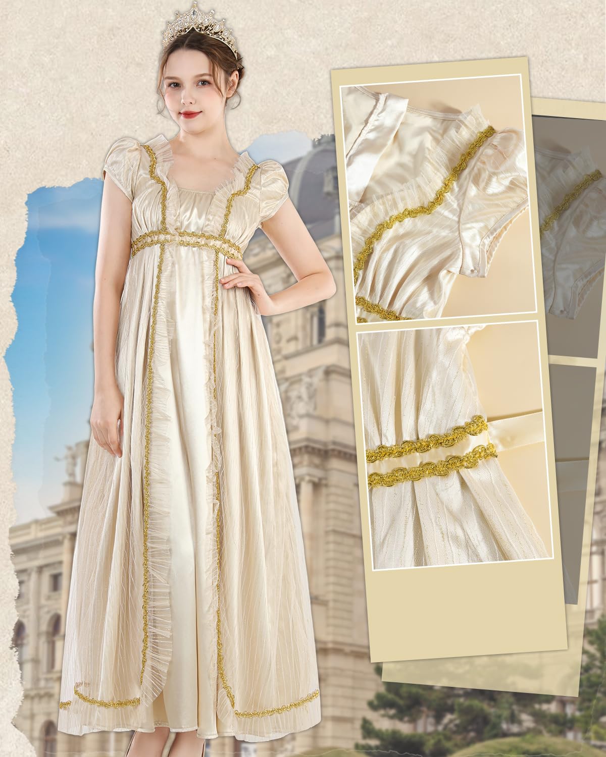 CR ROLECOS Empire - Vestido de mujer dorado con guantes y cinturón, disfraz de Jane Austen, vestido victoriano y rococó (3 piezas)