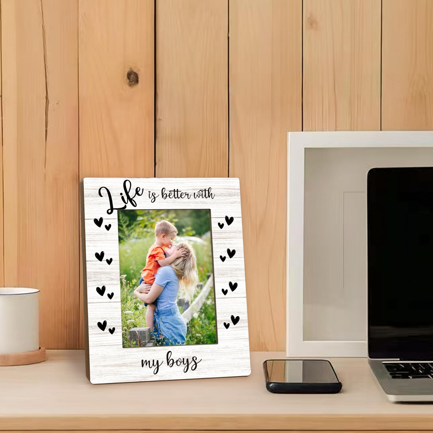 Mom Boy Picture Frame 5x7, Boy Mother Gifts Photo Frame, Christmas Mothers Day Birthday Gifts for Mom from Son, Life is Better with My Boys Wooden Picture Photo Frames for Desk Home Room Decor - Image 3