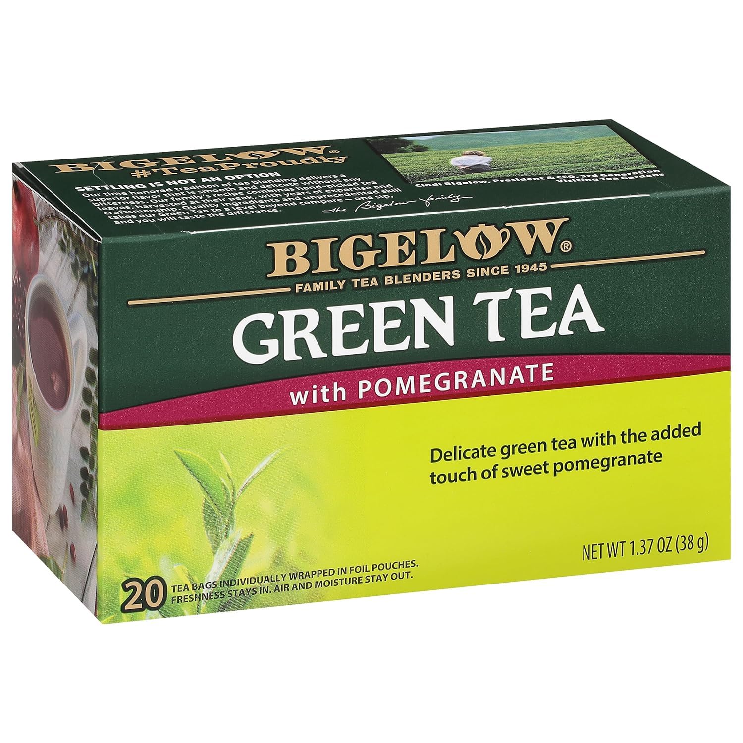 Bigelow Green Tea With Sweet Pomegranate Freshness & Aroma 20 Tea Bags Net Wt 1.37oz (38gm)