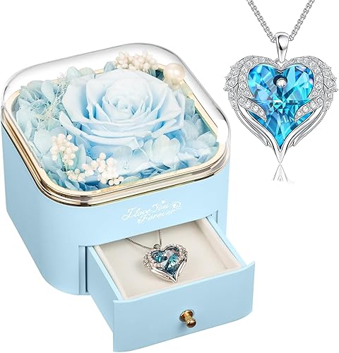 Collar de rosa azul claro real preservada con alas de ángel, regalos de flores eternas para mamá, abuela, esposa, novia en Navidad, San Valentín,