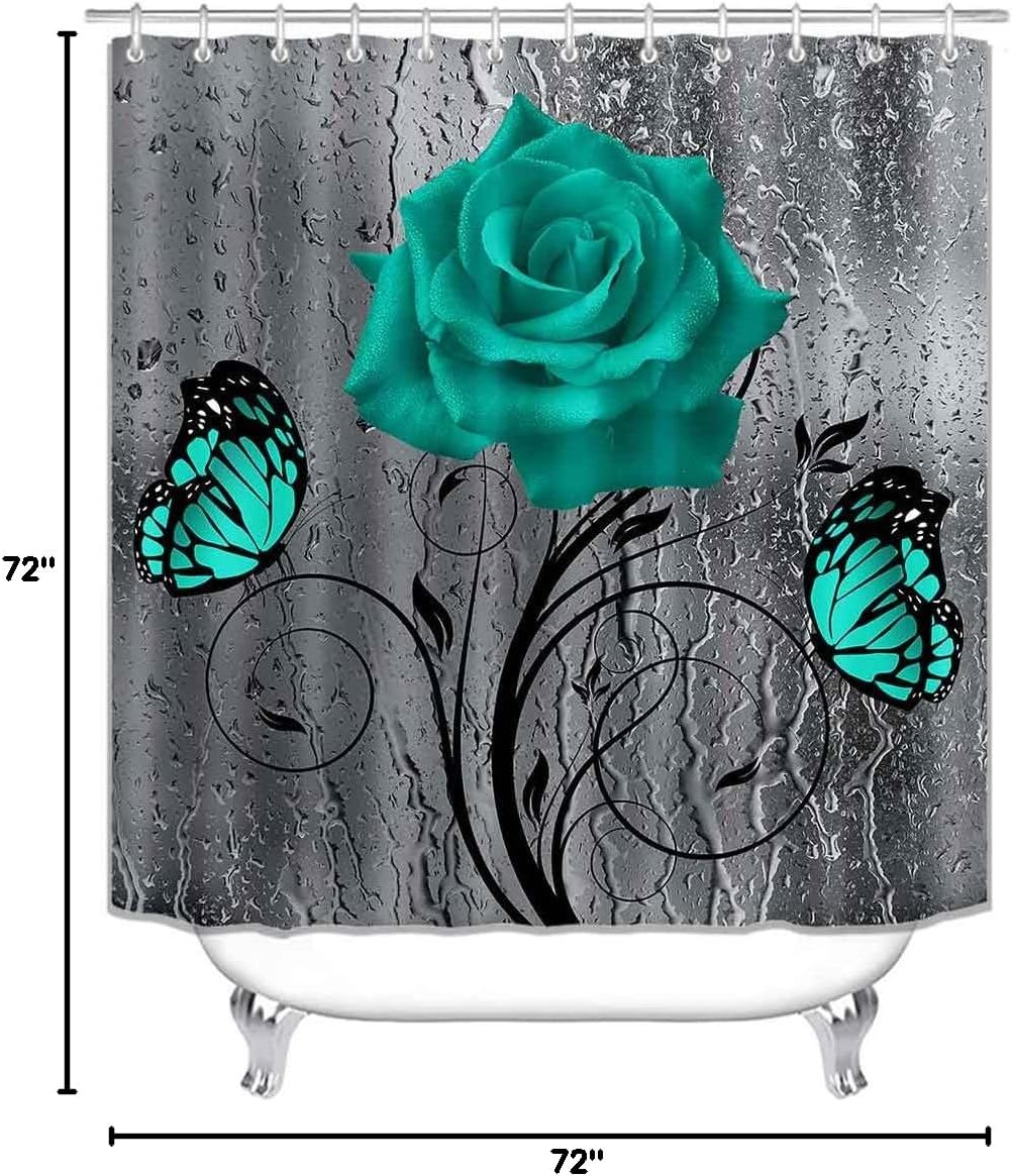 OLEBETY 4PCS Teal Rose Flower Shower Curtain Set, Waterproof Fabric Grey Shower Curtain, Non-Slip Bath Mat Bathroom Rugs, Turquoise Floral Black Plant Modern Bathroom Decor, Butterfly Gifts for Women
