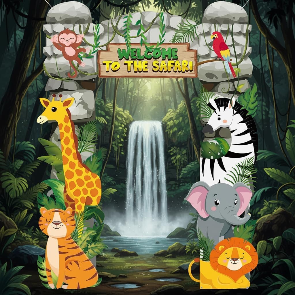 3Pcs Rainforest Jungle Safari Animals Door Decoration Welcome to The Safari Door Banner Wild Animal VBS 2026 Sunday School Porch Banner Tropical Forest Backdrop for Jungle Birthday Photo Booth Props