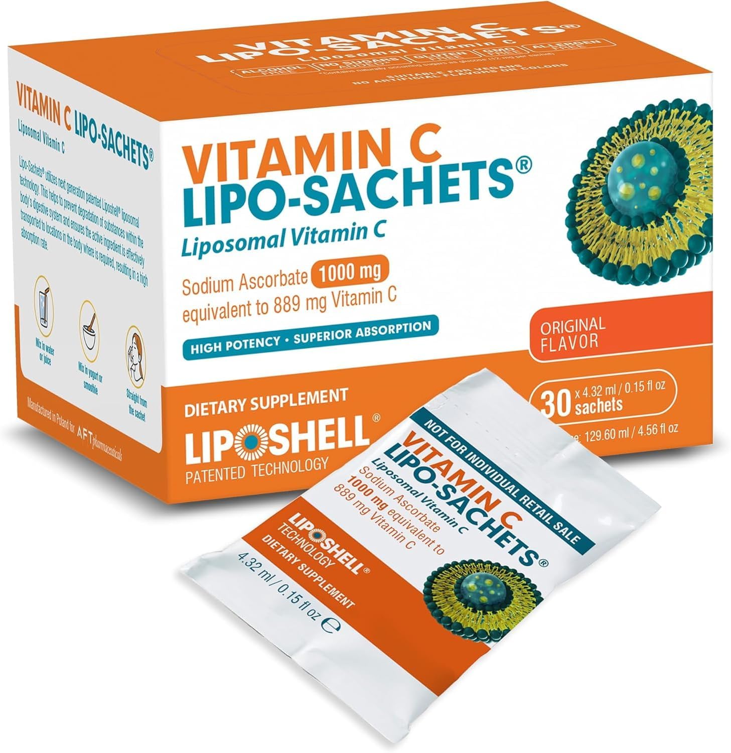 AFT Pharmaceuticals Lipo-Sachets Liposomal Vitamin C 1000mg Per Serving for Immune and Collagen Support - High Absorption - GMO Free, No Added Sugar, Vegan - 30 Liposomal Liquid Vitamin C Packets