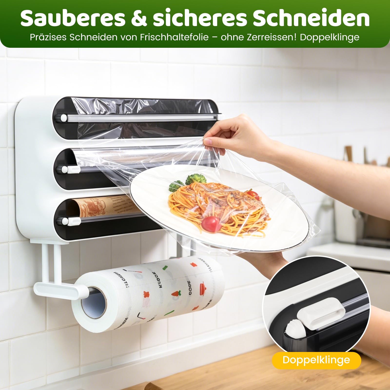 Dispensador de Papel Film y Aluminio & Soporte para Rollos de Cocina 4 en 1, Portarrollos Cocina con Cortador, Sin Taladrar, Pared y Contraparte Magnética, con Clips de Cierre (Negro)