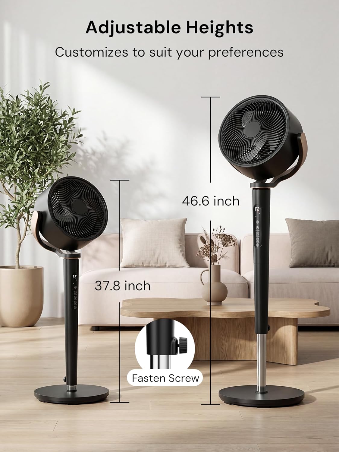Uthfy 38-46” Oscillating Fan for Bedroom, 120°+120° Full-Automatic Oscillation, Height Adjustable, 120FT, DC Motor Quiet Standing Fan wit Remote, 16 Speeds, 4 Modes, 12H Timer, Black