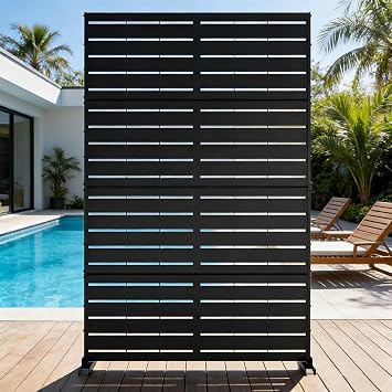 Metal Outdoor Privacy Screen, 71" H X 45.7" W Freestanding Rustproof Louvered Fence Panel for Patio, Garden, Balcony, AC Unit Cover, Trash Can, Modern Decorative Divider, Black