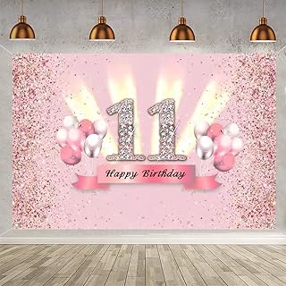 11th Birthday Decorations for Girls Happy 11th Birthday Backdrop Banner Party Deco Girl 11 Years Old Anniversary Party Fabric Sign Poster Pink Photo Background 11th Birthday Party Supplies, 59