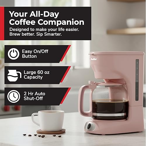 Miniatura 2 de MUELLER HOME Cafetera rosa de 12 tazas, jarra de borosilicato, apagado automático, accesorios de cocina rosa, filtro reutilizable, antigoteo,