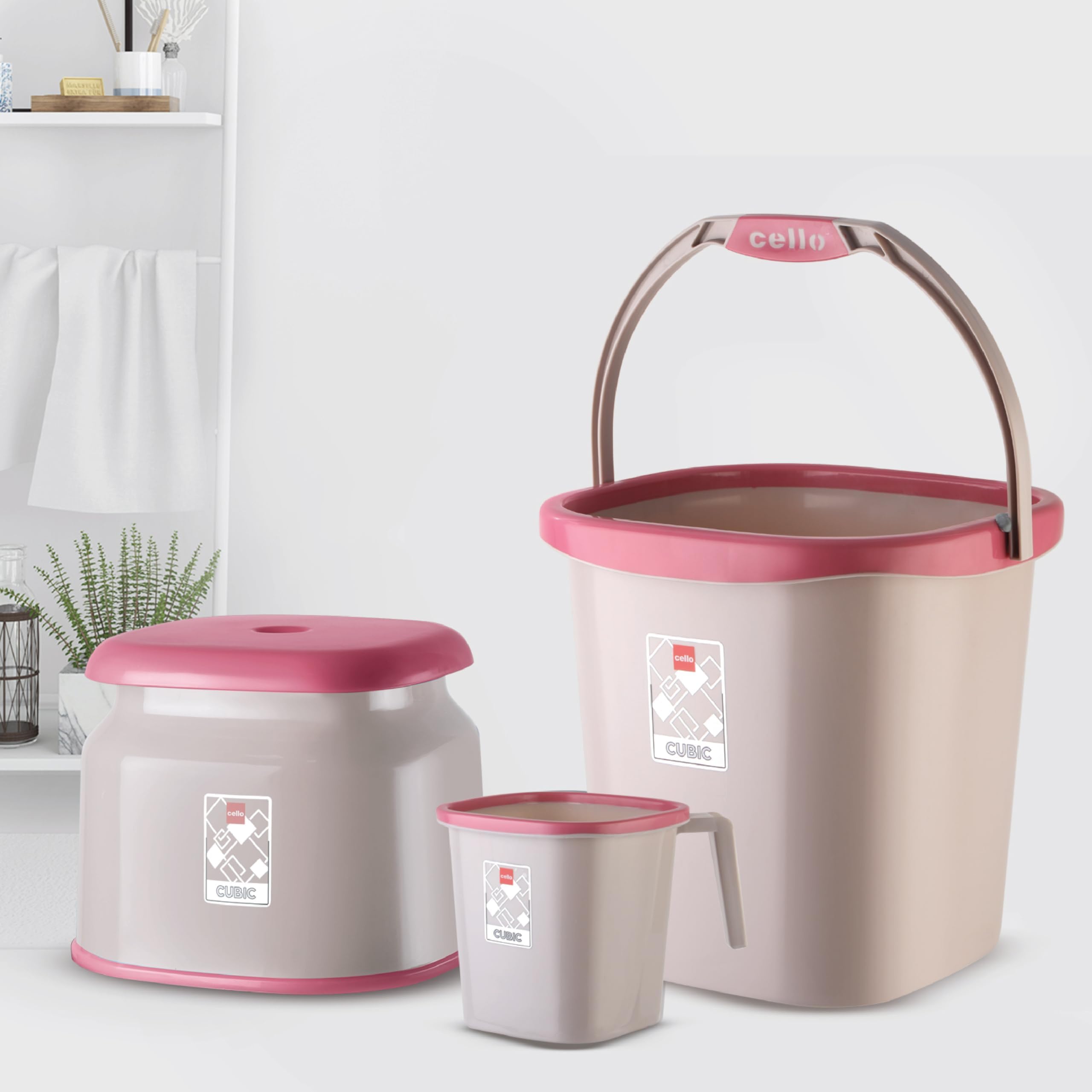 CELLO Plastic Cubic Bathroom Set | Sturdy and Durable | Cubic Set (Bucket 18 L + Stool + Mug 1.5 L) | Lightweight and Rigid | Easy to Clean and Attractive Design | Set of 3 | Pink