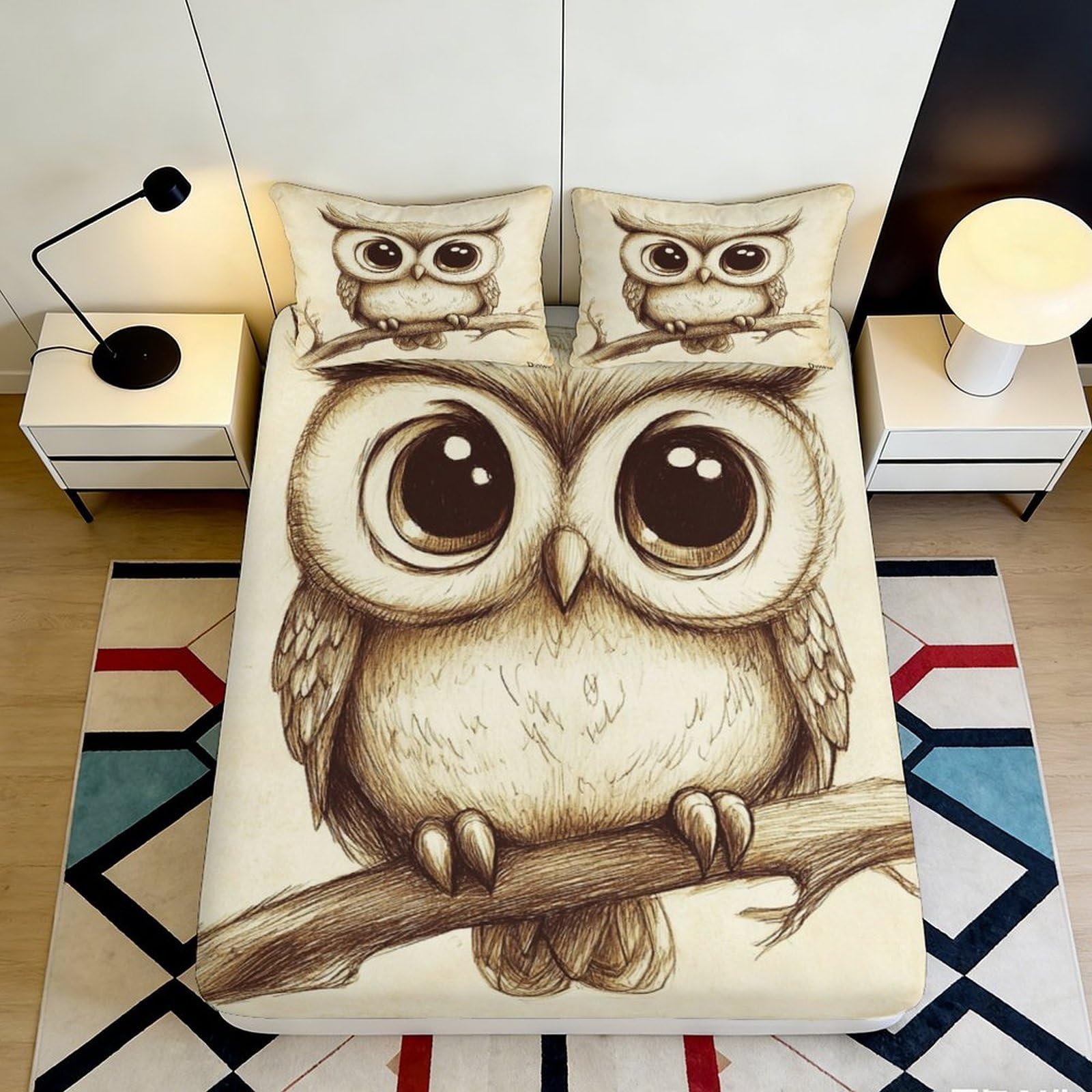 3D Printed Big Eye Owl Fitted Sheet Microfiber Soft Beige Cartoon Owl Mattress Cover for Bedroom Dorm Decor Protector 90x200x25cm