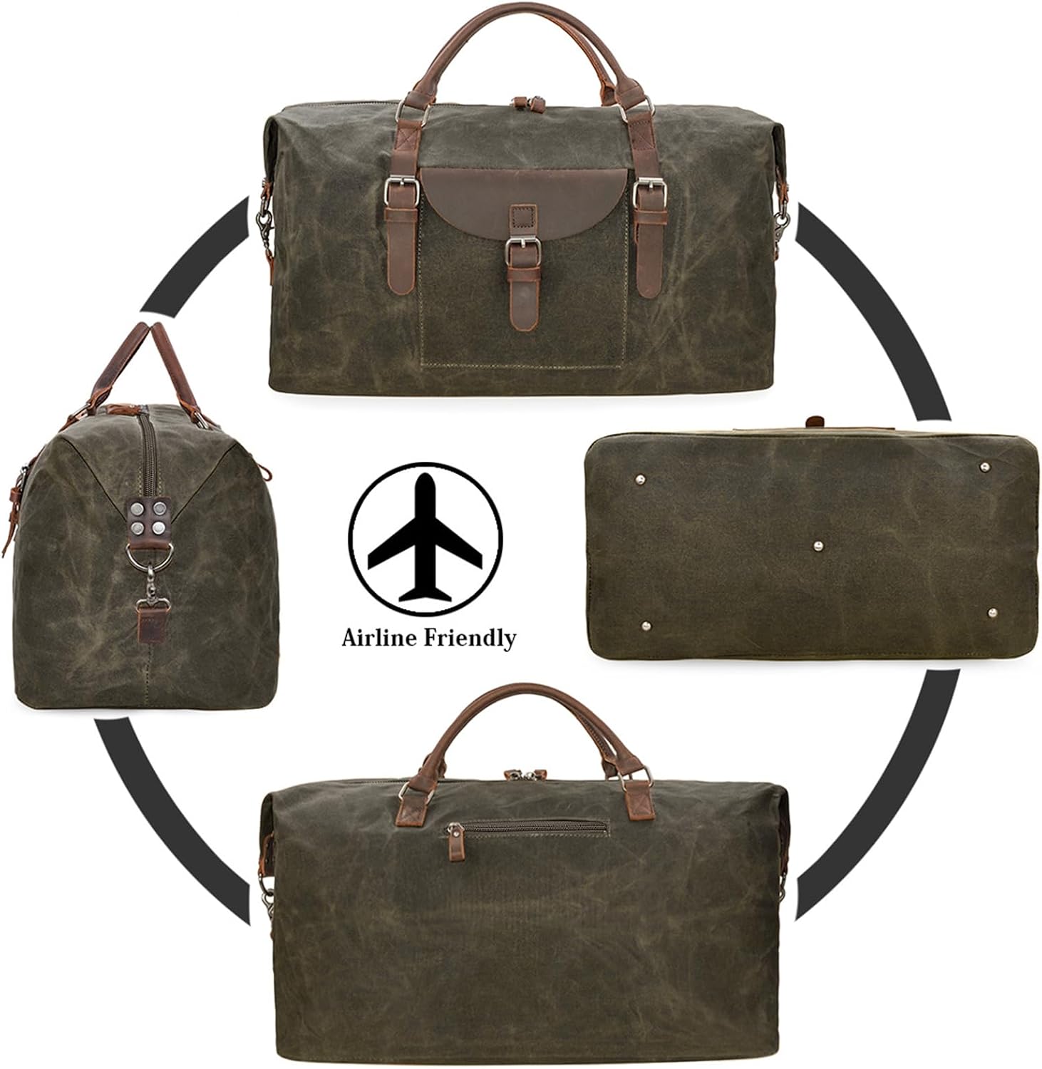 Oversized Travel Duffel Bag Waterproof Canvas Genuine Leather Weekend bag Weekender Overnight Carryon Hand Bag, Dark Brown