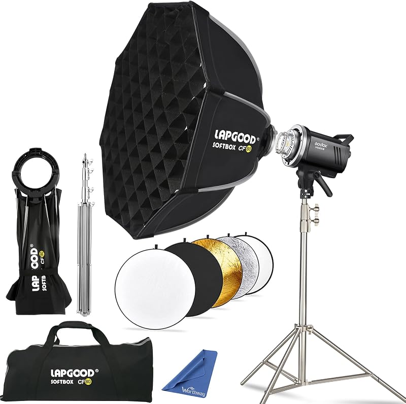 MS300V Studio Strobe Light Kit with Softbox 31.5inch for Photography | Bowens Mount Octagonal Softbox 31.5inch with Grid, Stainless Steel 6.5ft Light Stand, 5-in-1 Reflector, MS300V 300Ws Flash