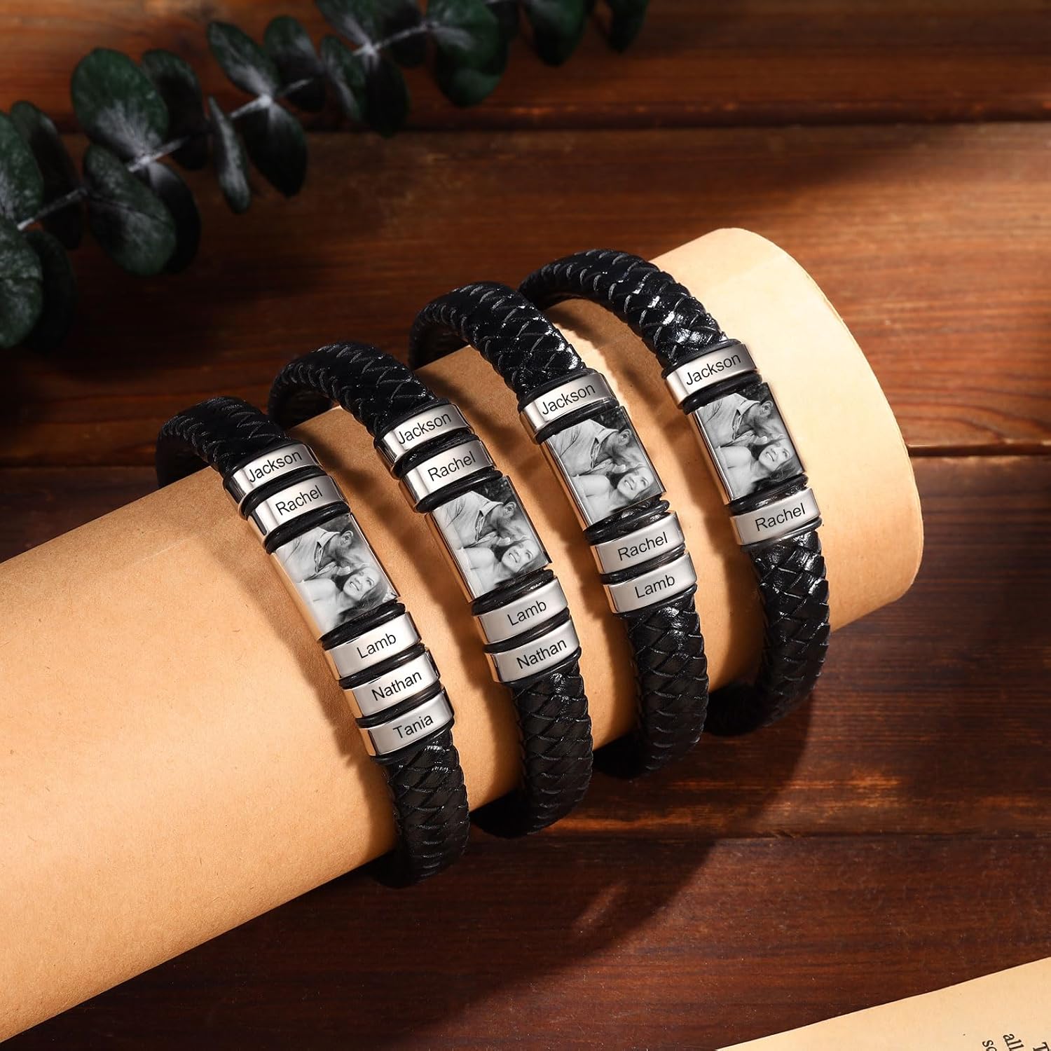 Personalized PU Leather Bracelet with Photo for Men Leather Bracelet Beads Engraved Names for Dad Husband Personalized Gifts Silver Black