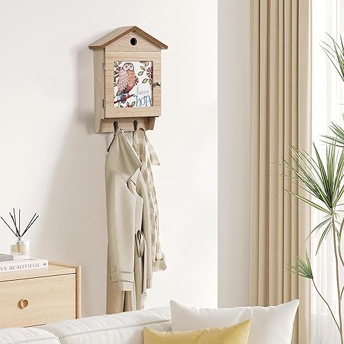 Miniatura 9 de Soporte decorativo para llaves de pared con diseño de búho, caja de llaves de madera, ganchos para llaves montados en la pared, estante de