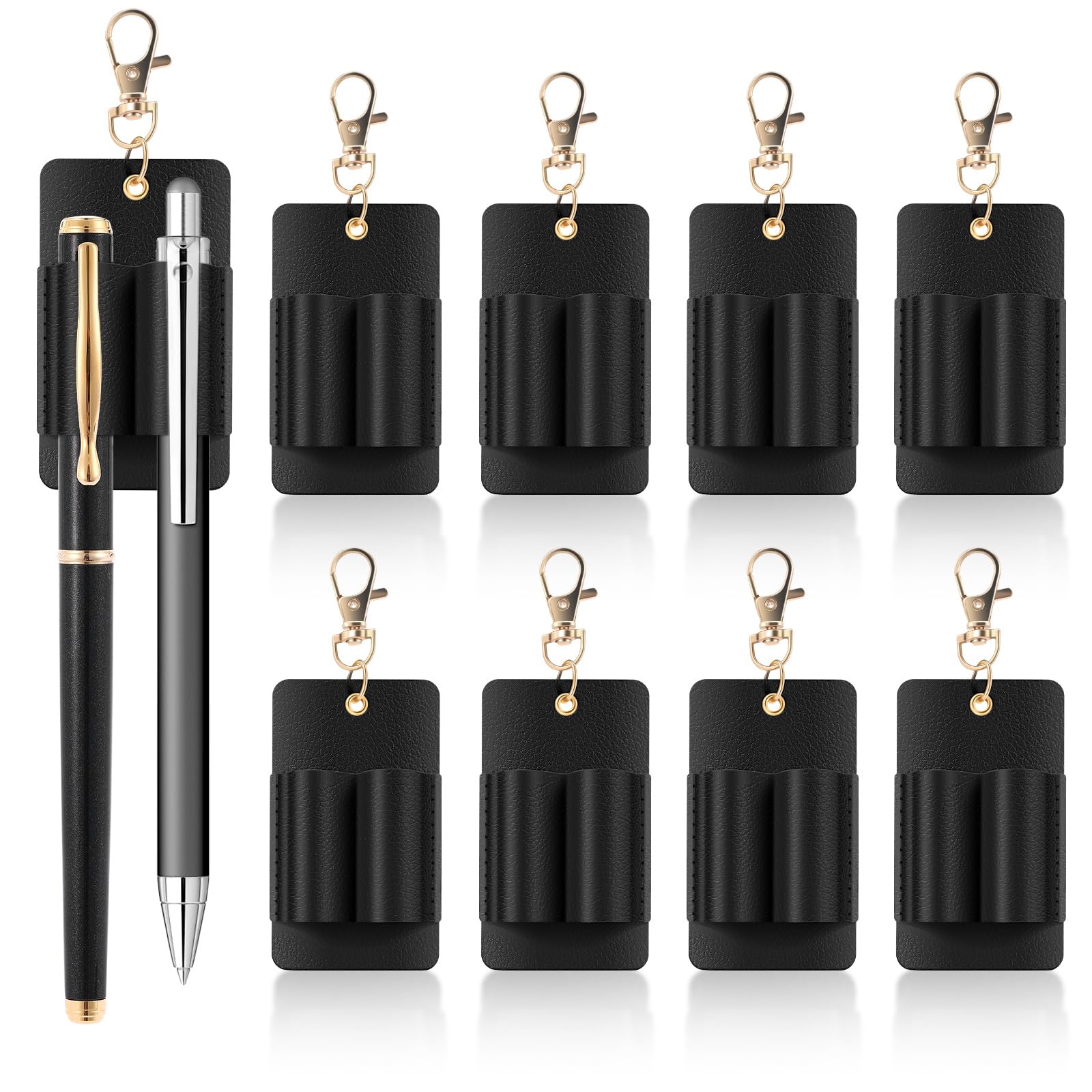 Anihet 8 Pcs Pen Holder Lanyard, Anti-Lost PU Leather Lanyard Pen Clip Portable Neck Pencil Holder Keychain for Badge Reels Nurses Teacher Clerks Office, Black(Double Pen)